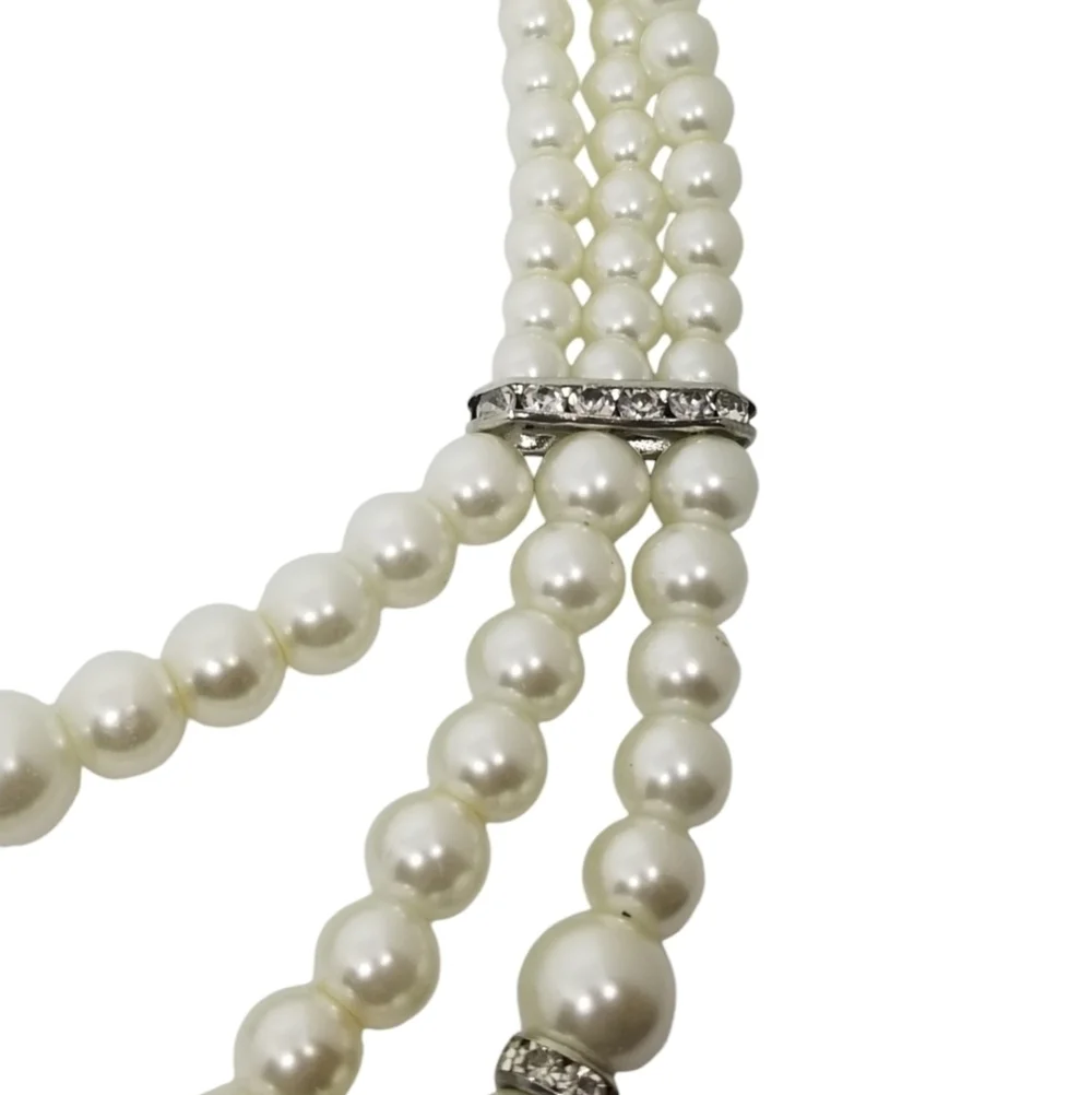 VINTAGE CREAM COLORED GLASS FAUX PEARL & CRYSTAL LAYERED NECKLACE